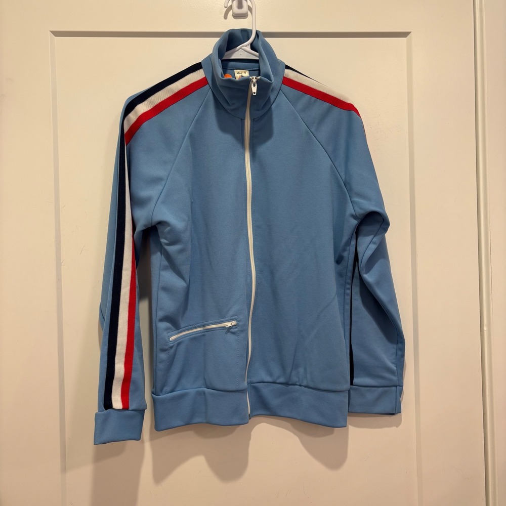 Vintage USA‎ Gymnastics Track Jacket Blue Full Zip Made in USA S Racing Stripe